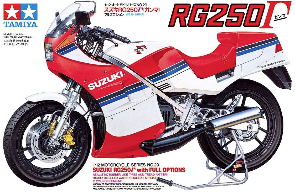A model kit of a Suzuki RG250, scale 1:12, with red and white design. Includes full options and is offered by Tamiya.
