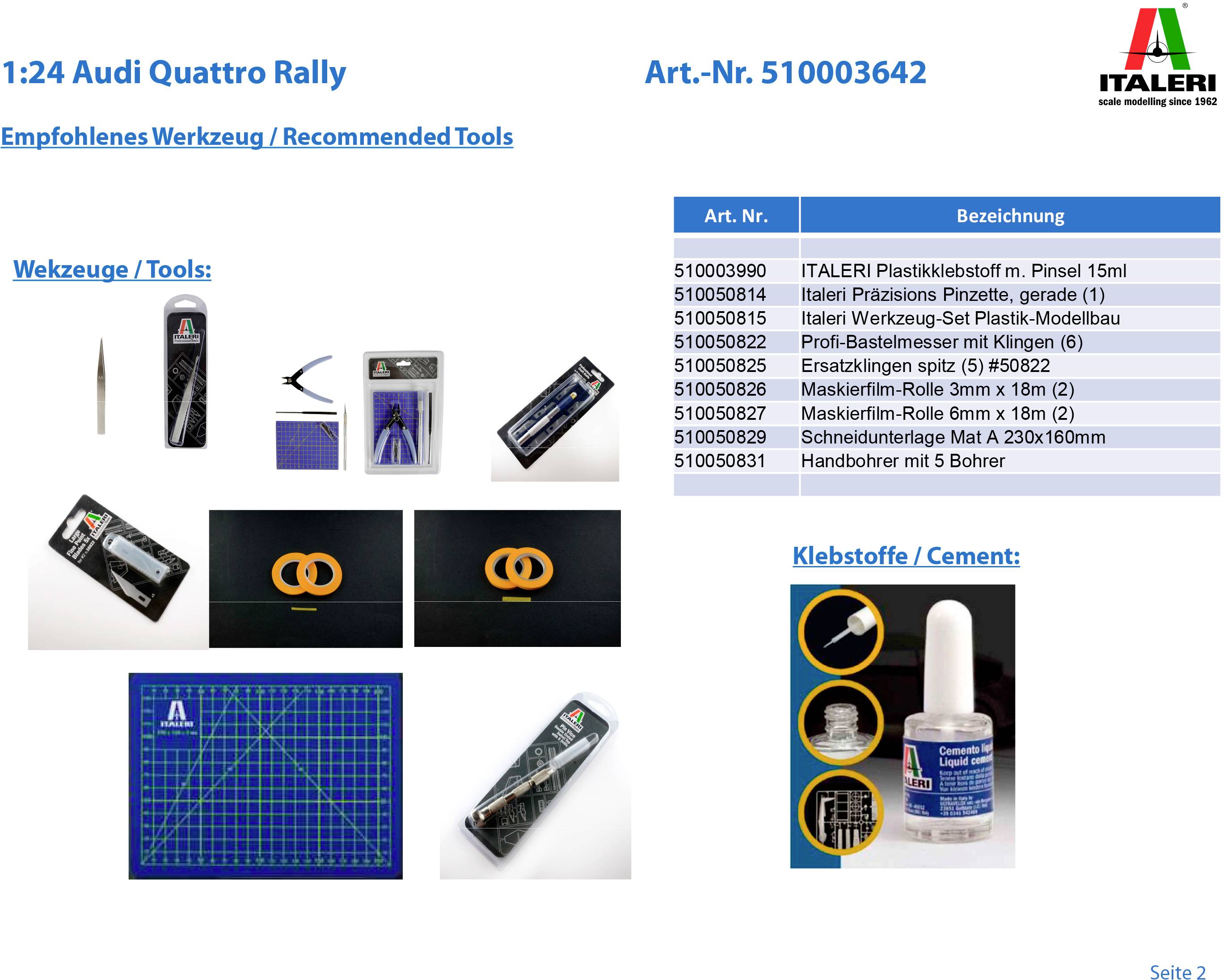 'Recommended Tools' shows tools and adhesives for model making, including brushes, tweezers, cutting mat, and glue.
