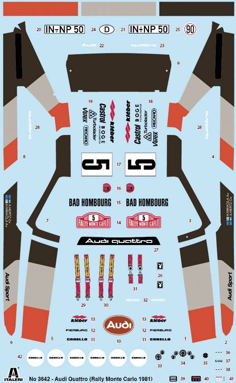 Decal sheet for Audi Quattro Rally Monte Carlo 1981 with start numbers, logos, and sponsor markings.