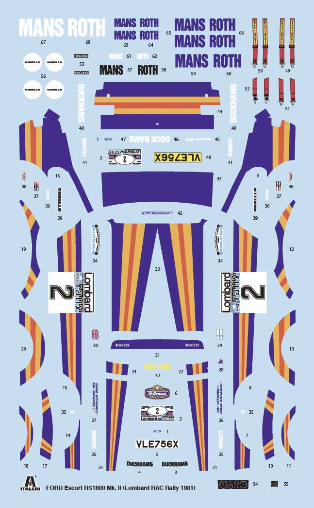 Decal sheet for Ford Escort RS1800 Mk II, RAC Rally 1981. Contains coloured stripes, number '2', and the text 'MANS ROTH'.