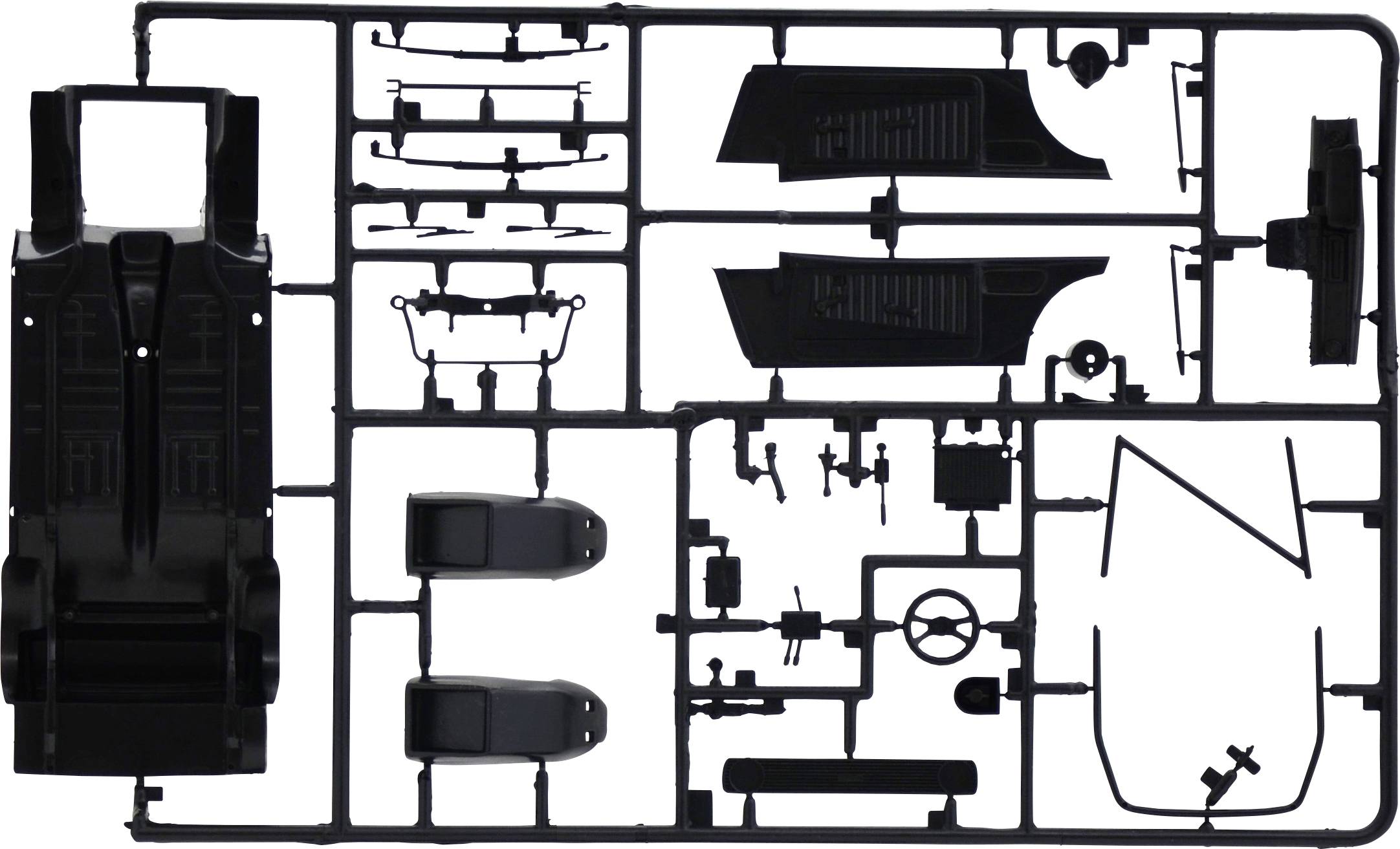 Black plastic model parts on a frame, including automotive components such as bodywork, steering wheel, and bumpers, not yet assembled.