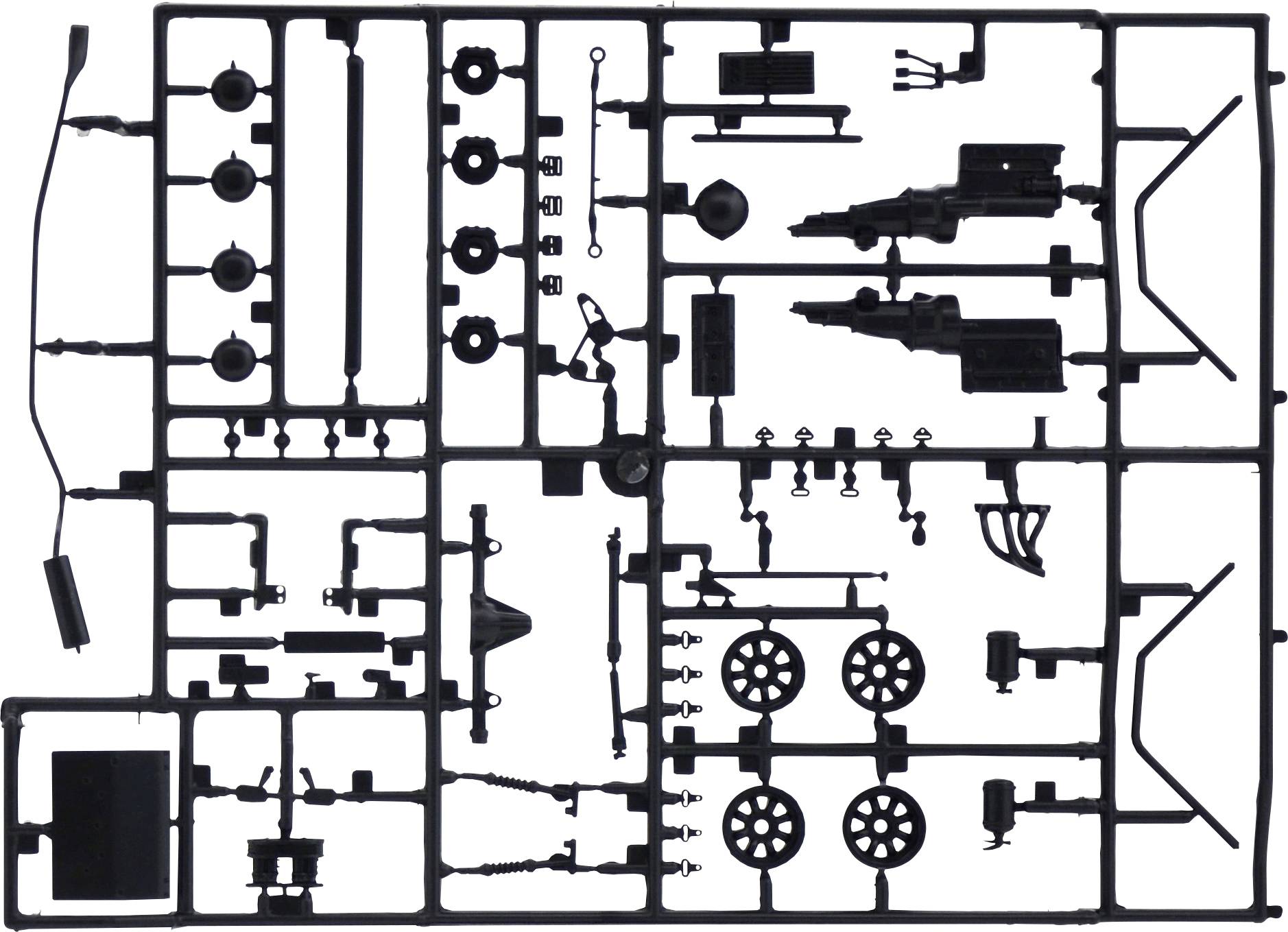Parts of a model kit, including wheels, body components, and small connecting pieces on a casting frame.