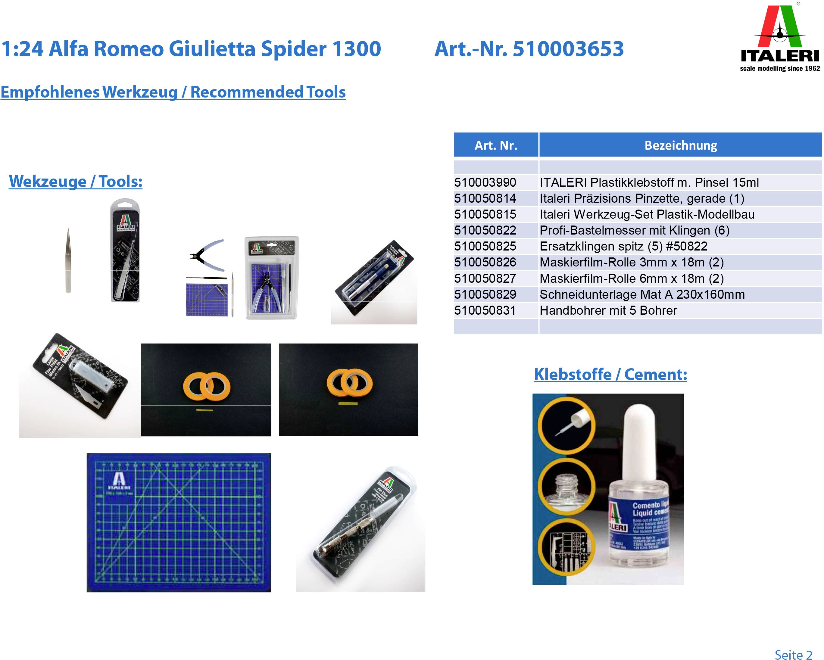 Alfa Romeo Giulietta Spider 1300 Model Kit. Table with Item Numbers and Descriptions for Recommended Tools and Adhesive.
