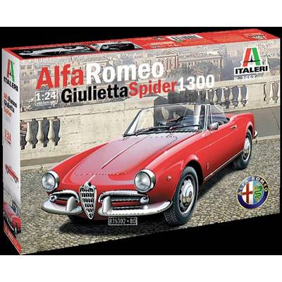 Model kit of an 'Alfa Romeo Giulietta Spider 1300' by Italeri, scale 1:24, red convertible against an Italian backdrop.