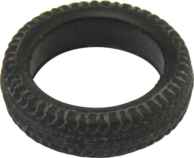 A single black car tyre, lying on a white background.