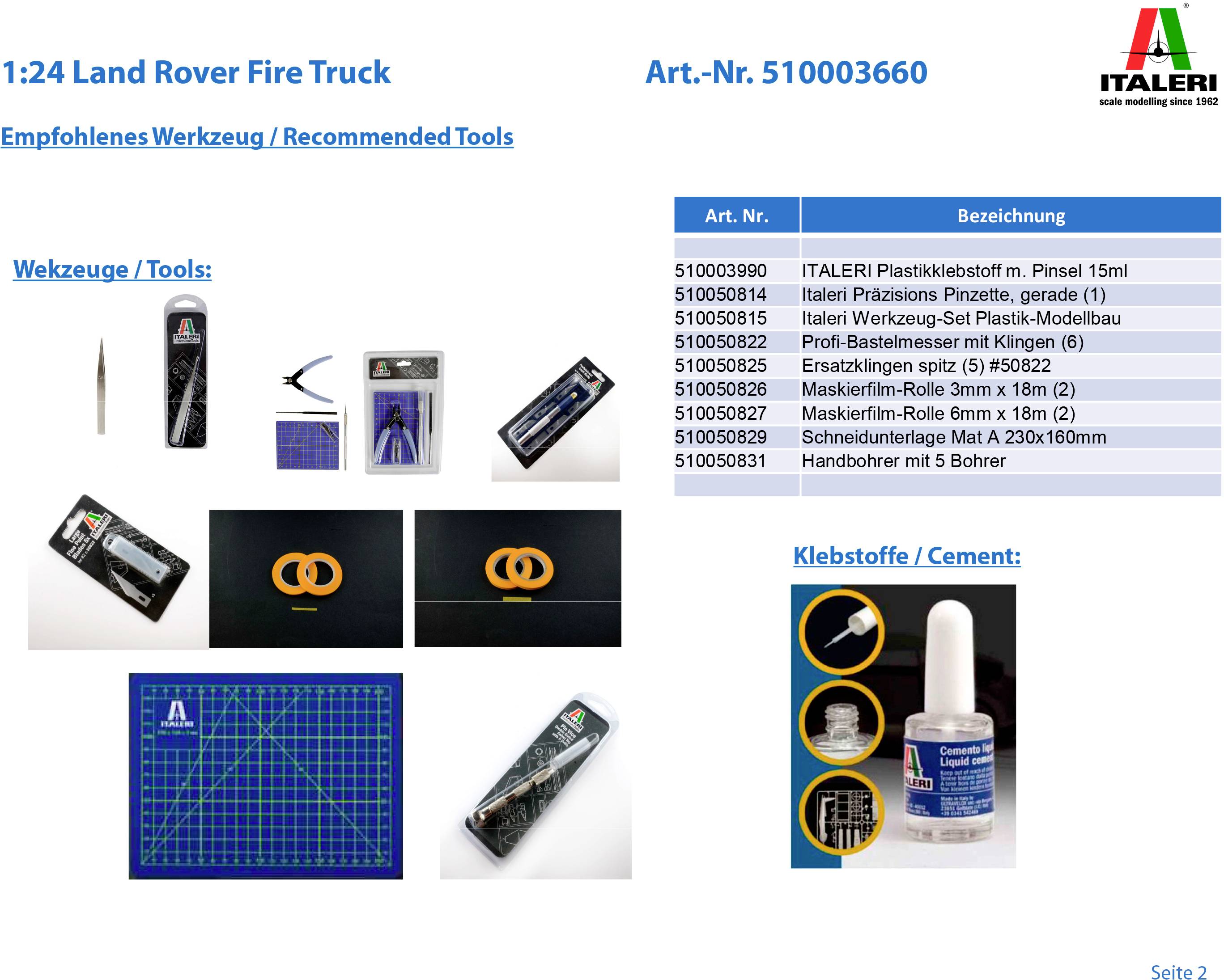 '1:24 Land Rover Fire Truck' Kit with Tool List: Brushes, Tweezers, Cutting Mat. Included: Plastic Glue, Masking Film, Scalpel. Manufacturer: Italeri.