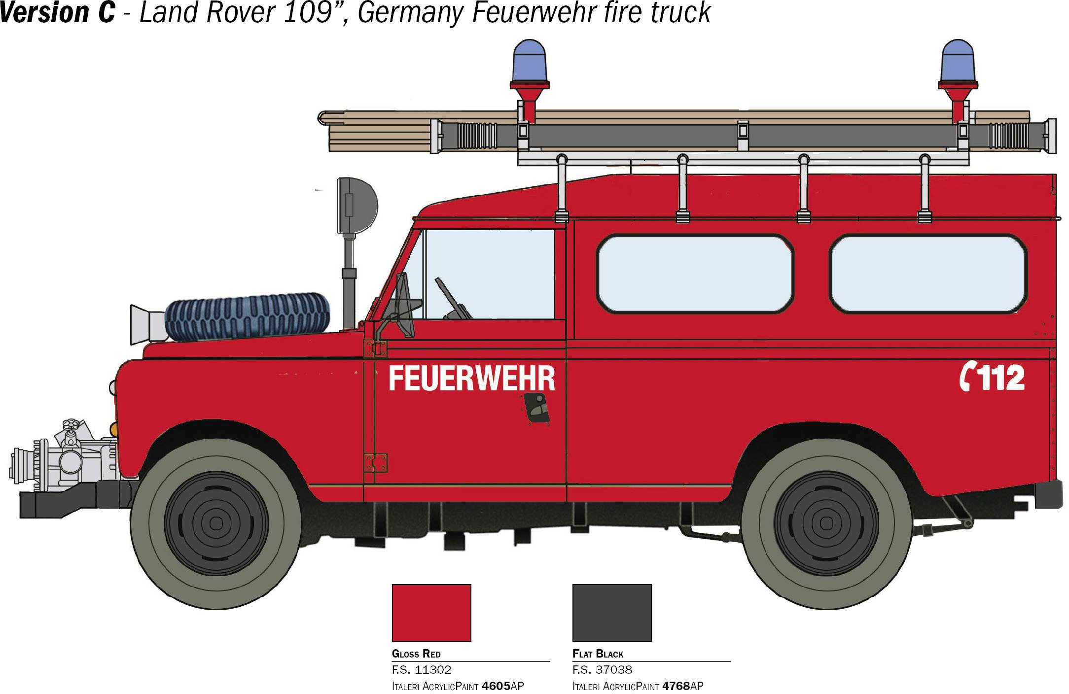 'Version C - Land Rover 109", Germany Feuerwehr fire truck' shows a red fire engine with ladders on the roof and the inscription "FEUERWEHR".