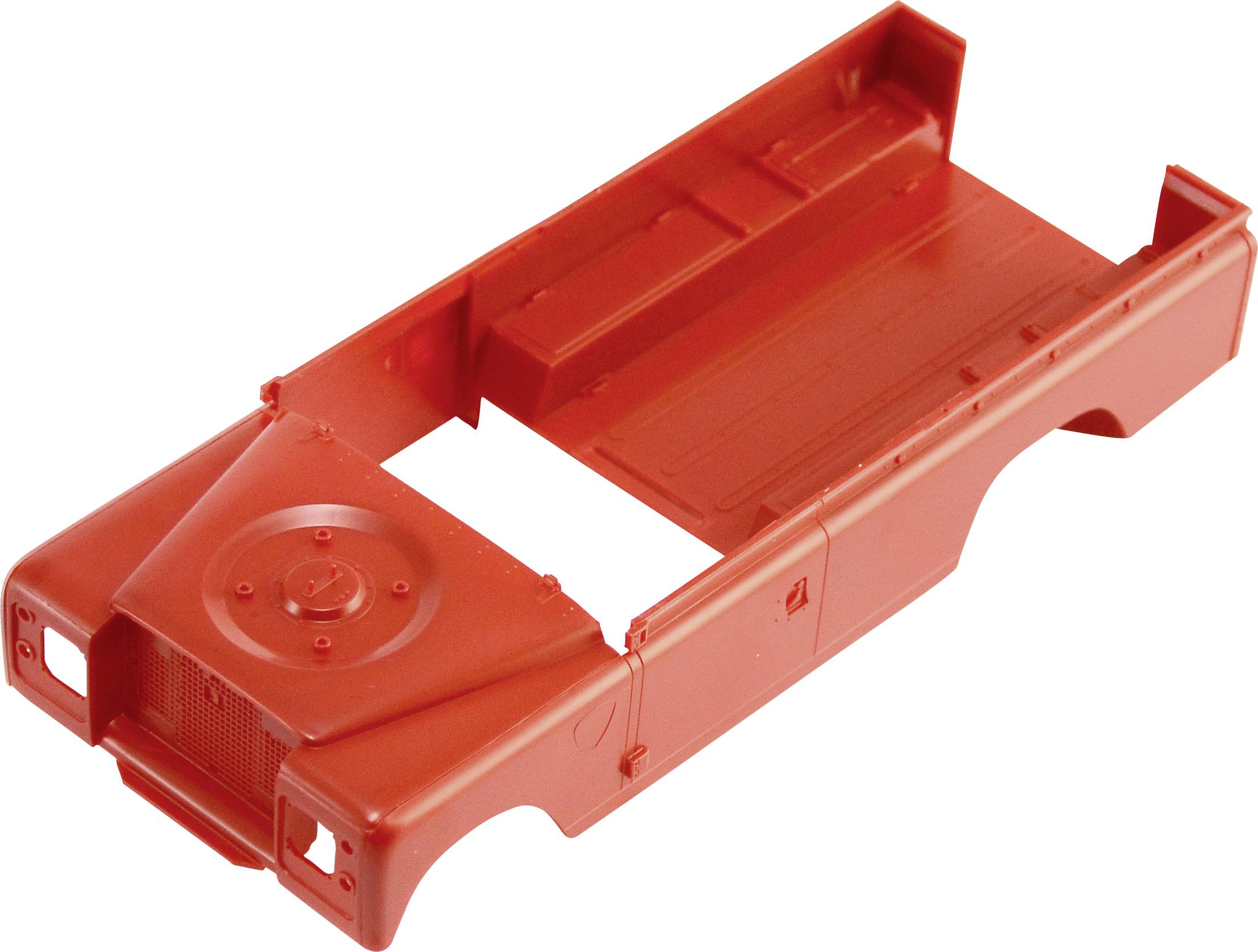 Red plastic model of a vehicle frame, presumably part of a model-making kit, without any additional components or details.