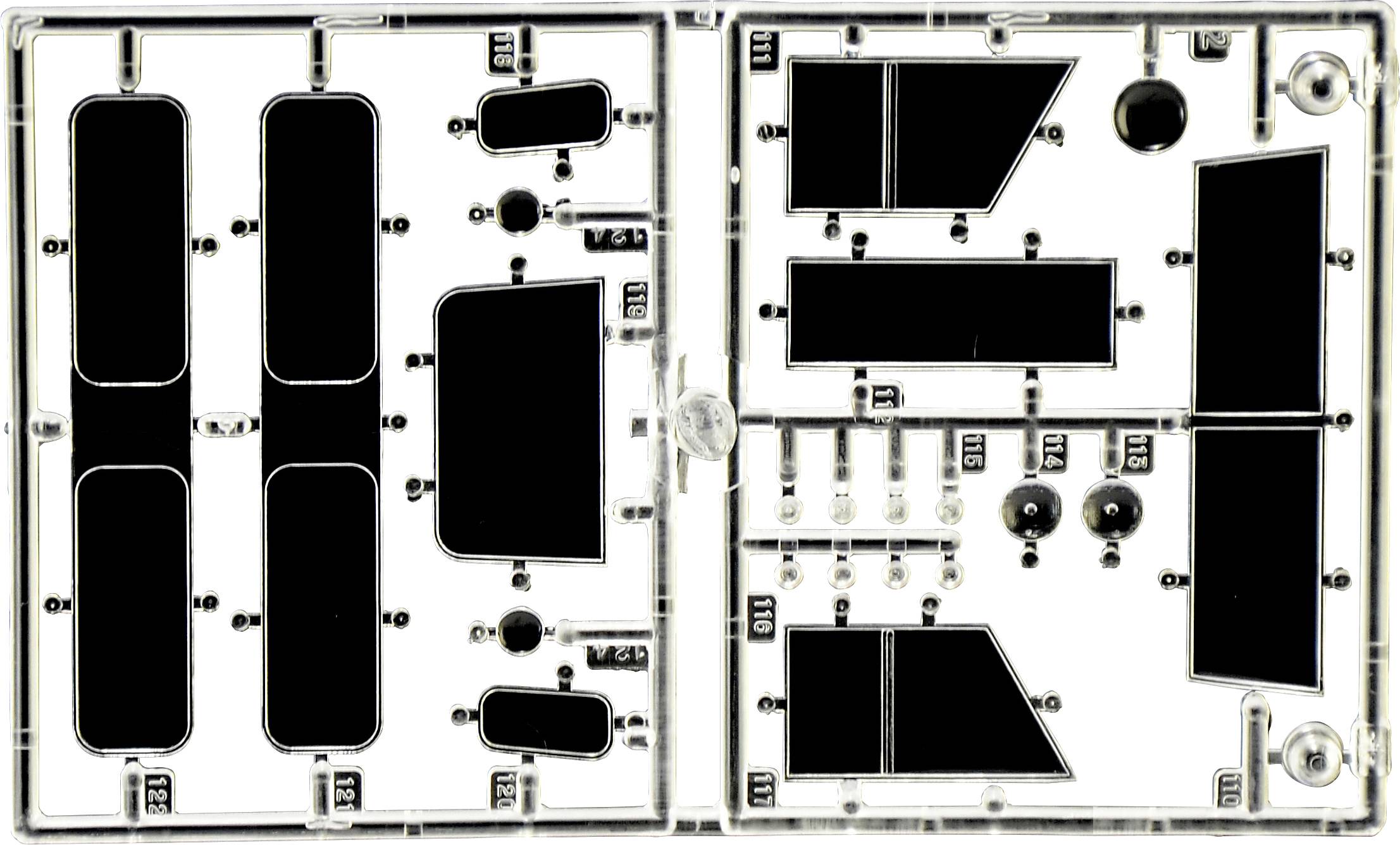 Plastic parts on two casting frames, ready for assembly. Various shapes and sizes, potentially for a model.