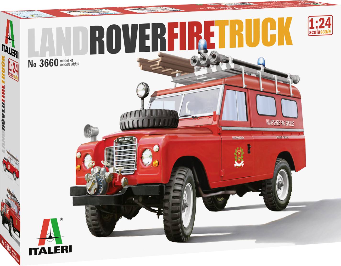 Model kit of a red Land Rover fire engine in 1:24 scale by Italeri with fire service equipment mounted on the roof.
