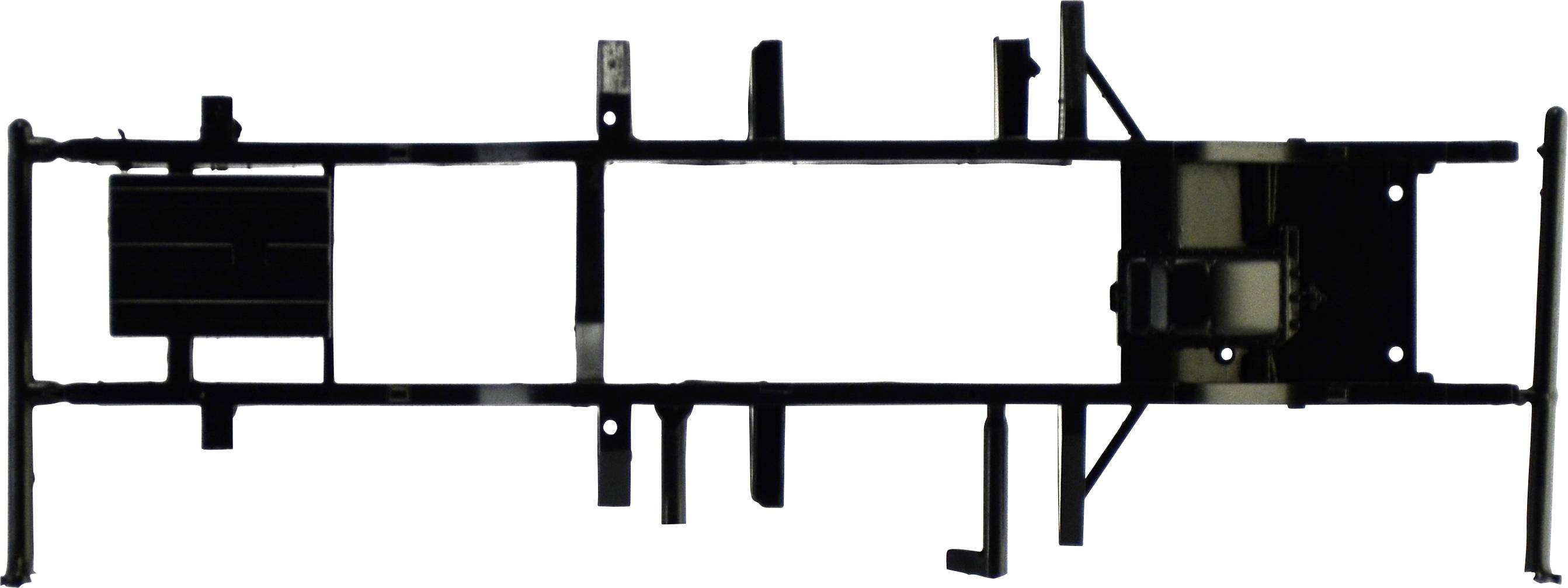 A metal frame with various mountings and attachment points, potentially part of a chassis or frame system.