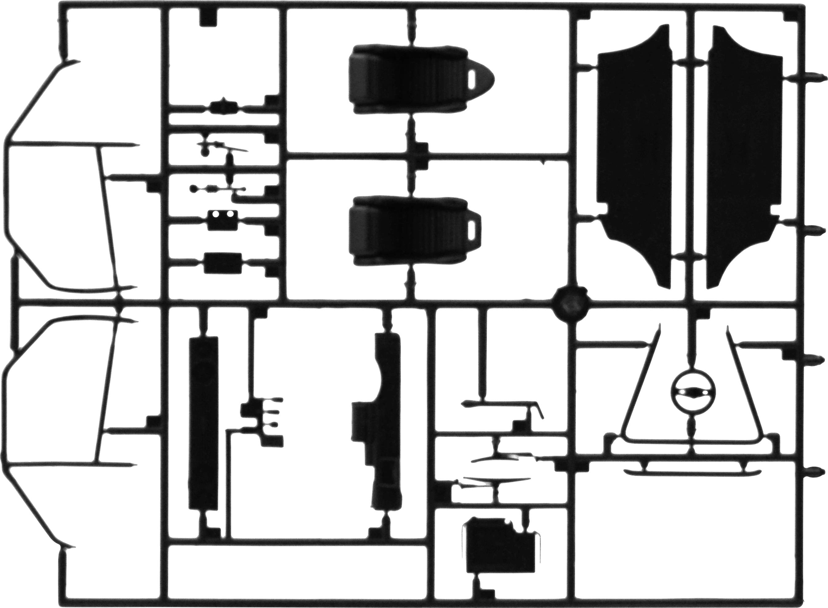 Image of a plastic model kit in a frame showing parts of a vehicle model. Components are unordered and ready for assembly.