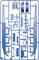 Technical diagram of a blue plastic model with various components attached to a frame for assembly.