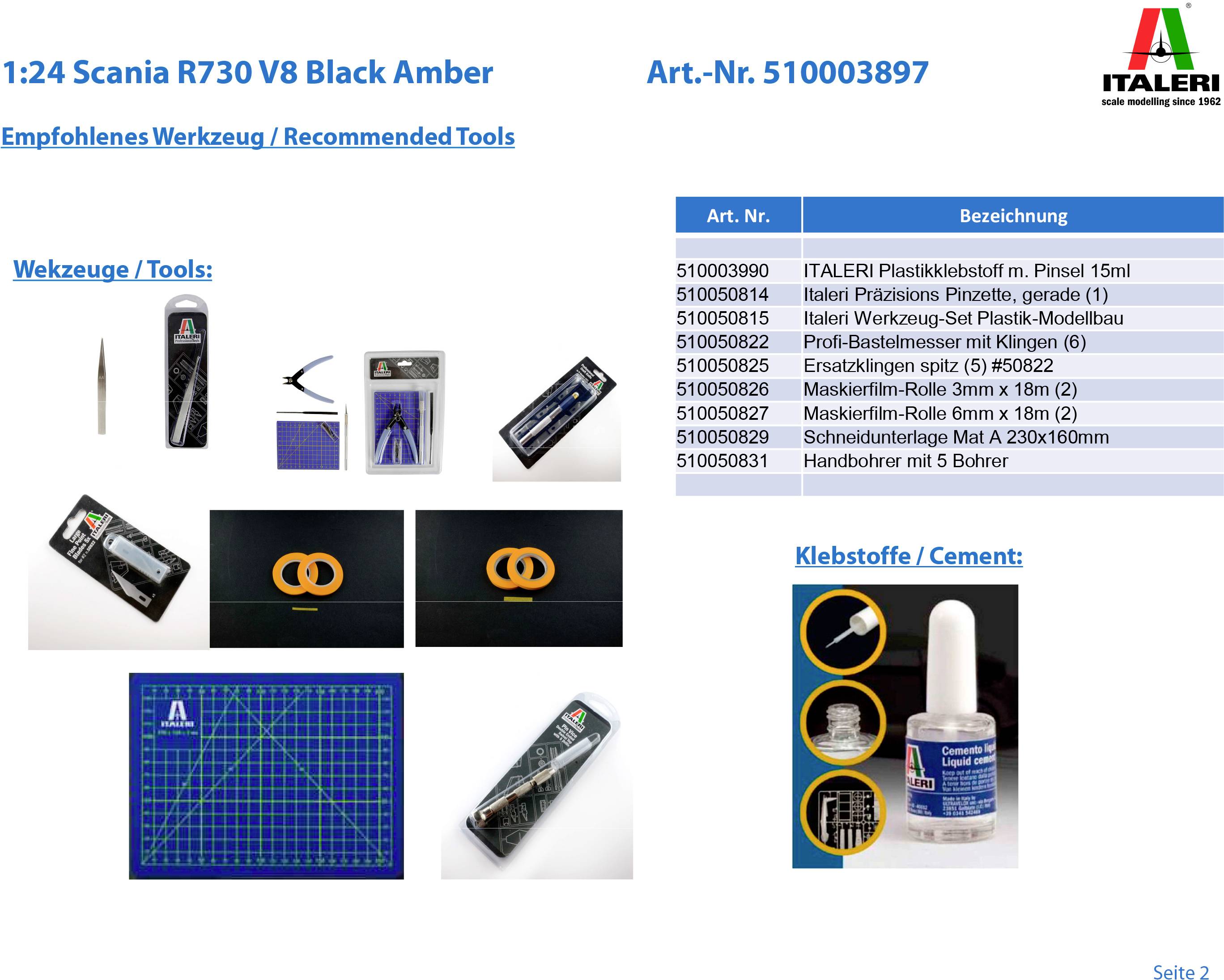 'Recommended Tools' shows a list and pictures of tools for building a model. These include adhesives and cutting tools.