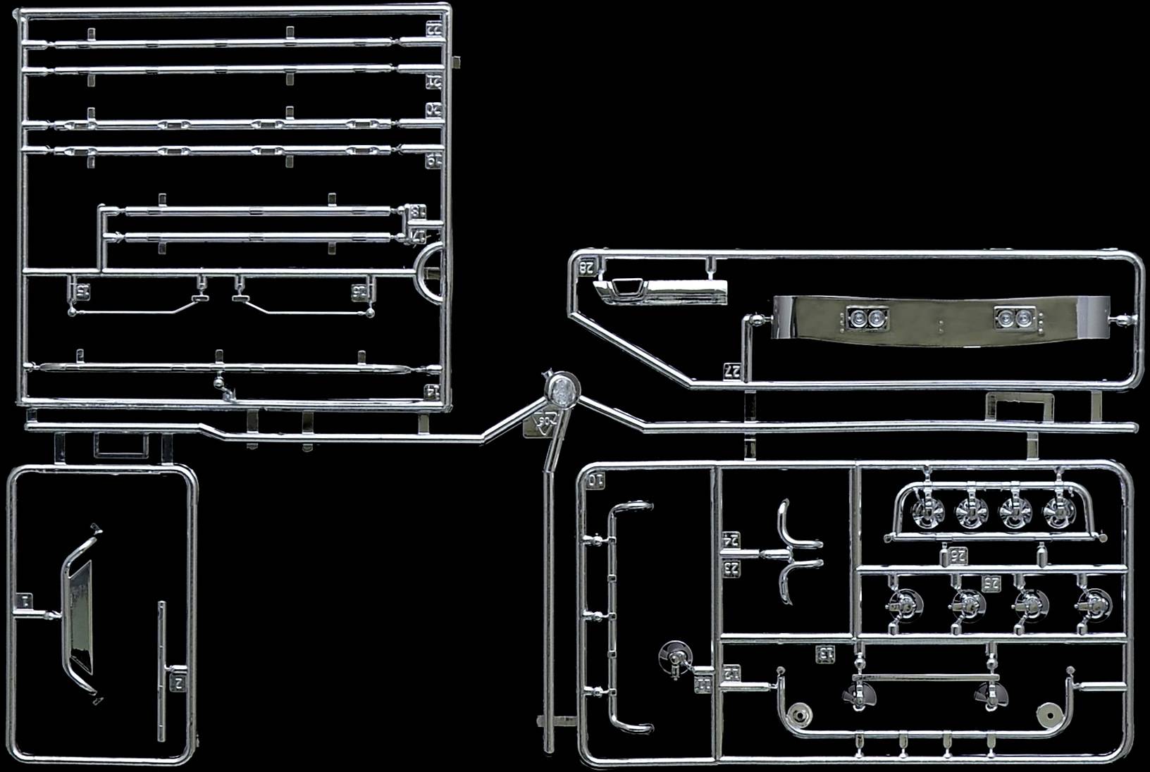 A injection-moulded frame with various plastic parts, not yet separated. Contains pipes, fittings and other components.