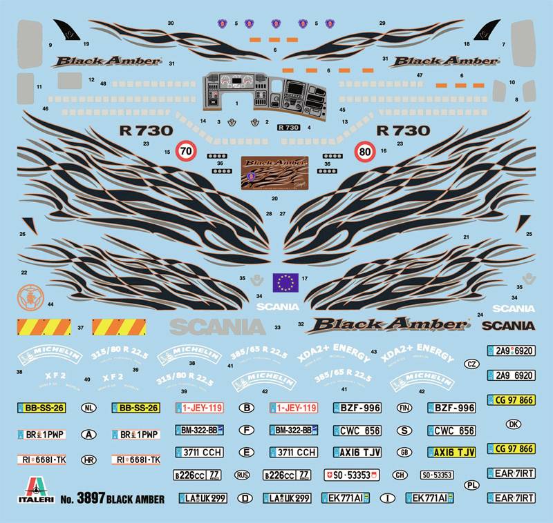 Transfer decal sheet with flame design, Scania logos, EU flag and various registration plates, suitable for model trucks.