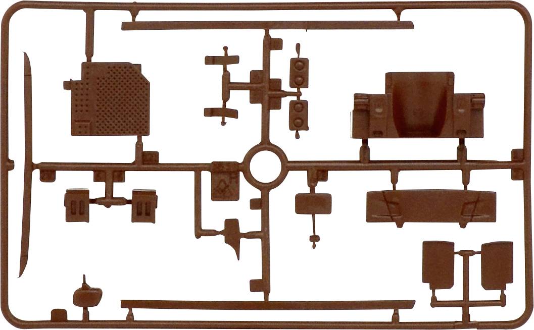 A sprue with multiple model components for an aircraft model. Parts include wings, landing gear, and windows.