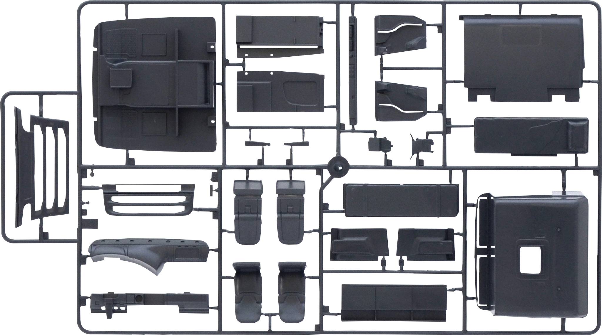 A set of black model components on a casting frame, ready for vehicle assembly. Includes elements such as doors and seats.