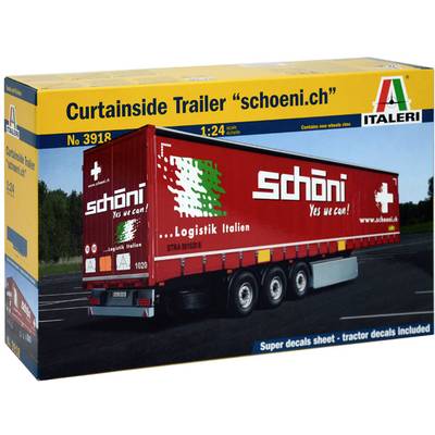 Packaging of a model truck kit with the text 'schöni – Yes we can!', depicted on a red trailer.