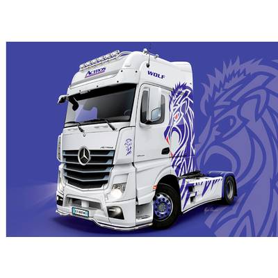 A white lorry with the 'Actros' logo and a blue lion pattern is positioned against a blue background. At the top, 'WOLF' is written.