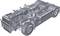 Sketched lorry chassis without bodywork, revealing the engine, axles, and fuel tanks; displays technical inner workings.