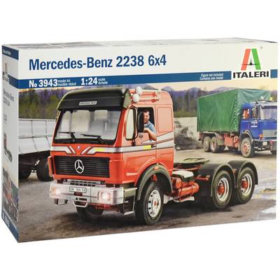 Model kit of a Mercedes-Benz 2238 6x4 by Italeri in 1:24 scale, red lorry pictured on the packaging.