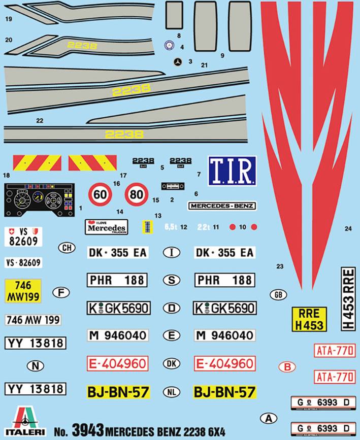 Decal sheet for a Mercedes-Benz model kit, containing logos, number plates, road signs, and design elements.
