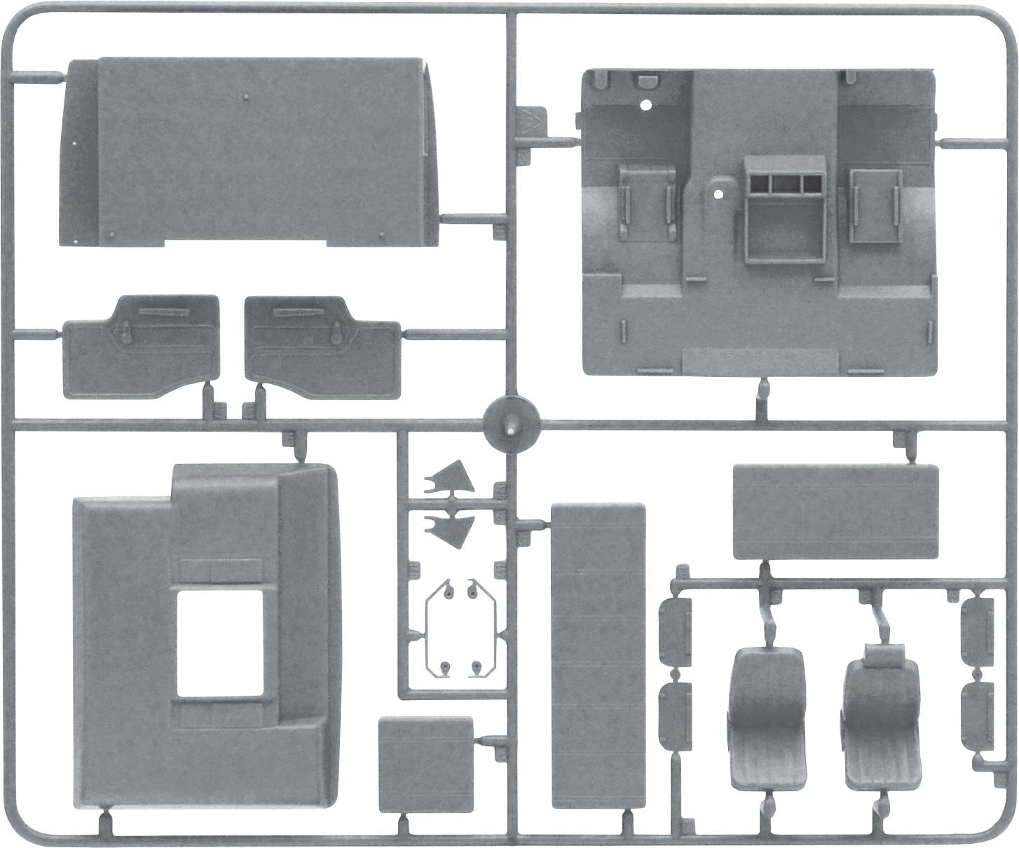 A casting frame with plastic parts from a model kit. Parts are rectangular and square for vehicle bodywork and interior.