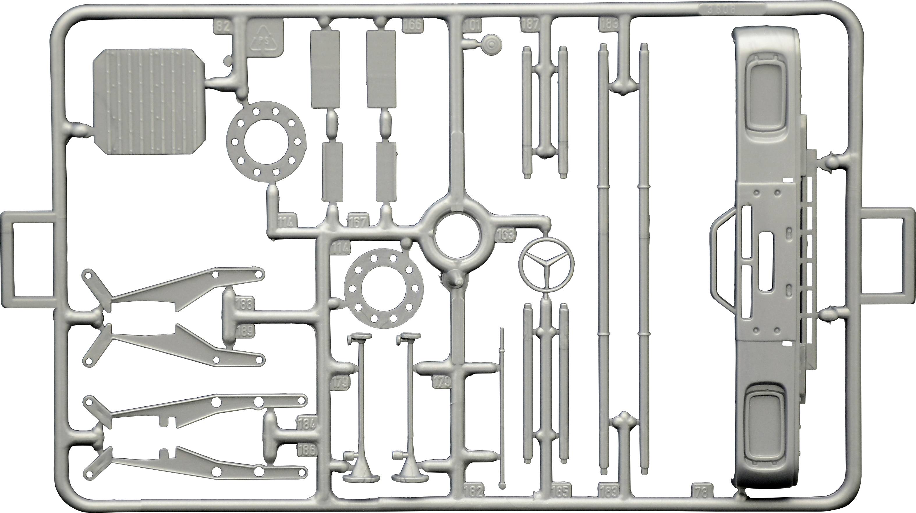 Grey plastic model car kit. Individual parts such as automotive components, axles, and suspension arms are secured on a plastic frame.
