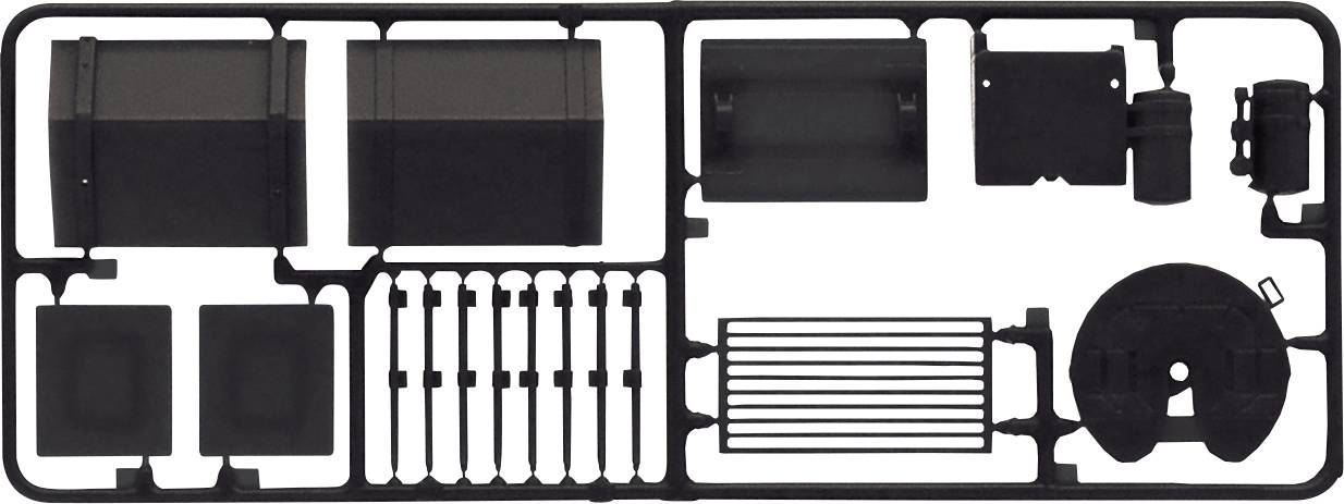 Plastic model construction parts on a casting frame, including rectangular and round shapes along with structured sections.