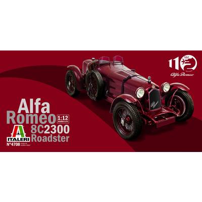 A red Alfa Romeo 8C2300 Roadster model car in 1:12 scale by Italeri, highlighted against a red background with Alfa Romeo logos.