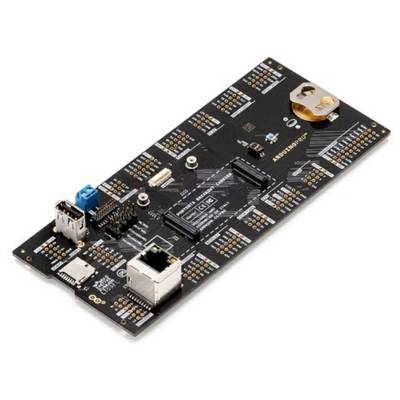 A black development board with multiple ports, including USB and Ethernet, along with a battery holder.