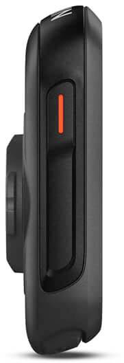 Side view of a black, slender electronic camera with an orange accent on the side.