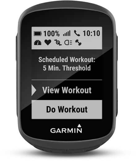 A black display shows: 'Scheduled Workout: 5 Min. Threshold'. Buttons below: 'View Workout', 'Do Workout'. Symbols at the top for battery, signal, time.