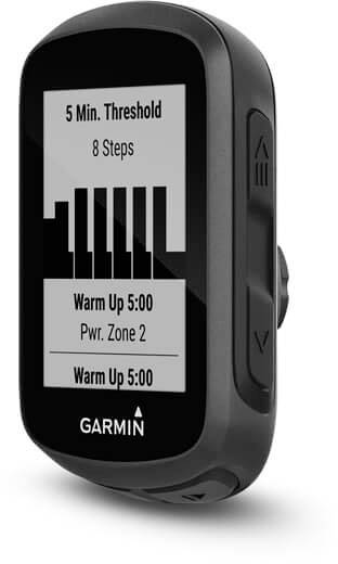 A Garmin bicycle computer displays a training programme with the title '5 Min. Threshold', consisting of 8 steps.