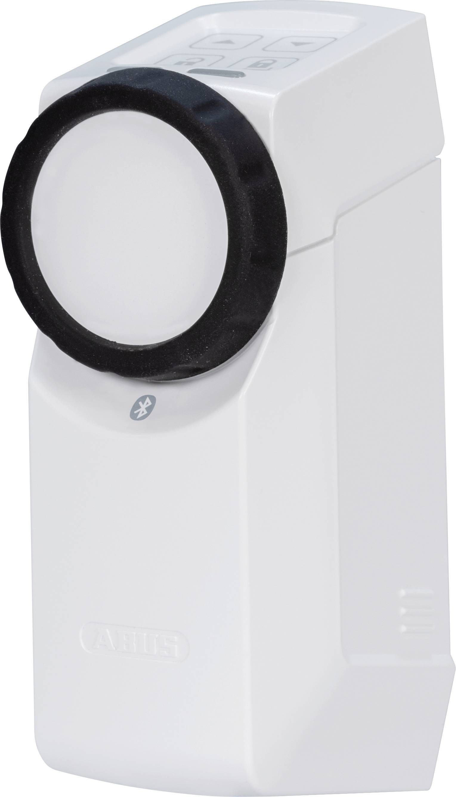 A white electronic door lock drive with Bluetooth functionality. A black rotatable knob is located on the top left.