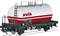 An Avia tanker truck with a red stripe and logo, side ladder, and safety railings on tracks.