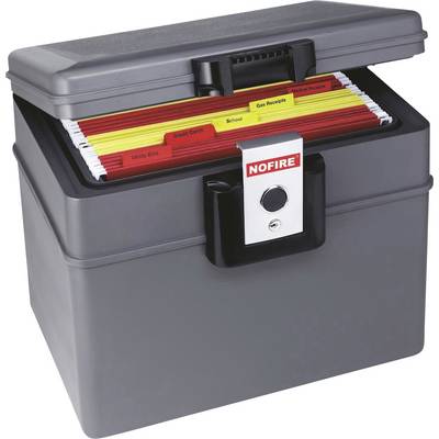 A fireproof document box, open, shows coloured folders with labels such as 'Utility Bills', 'Credit Cards' and 'School'.