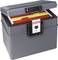 A fireproof document box, open, shows coloured folders with labels such as 'Utility Bills', 'Credit Cards' and 'School'.