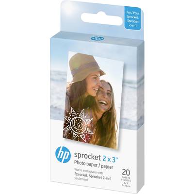 A pack of HP Sprocket Photo Paper 2x3 inches for 20 sheets. Packaging shows two smiling women, suitable for HP Sprocket printers.