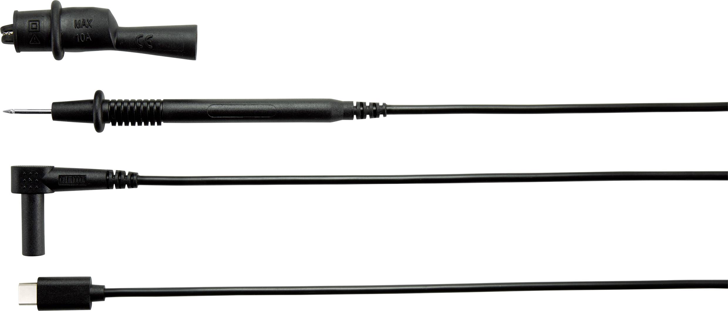 'A long, black measuring cable with a measuring tip and various connection plugs, suitable for electrical measuring instruments.'