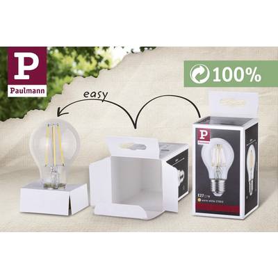 Packaging of a Paulmann light bulb with the inscription 'easy' and a recycling symbol with '100%' on a neutral background.