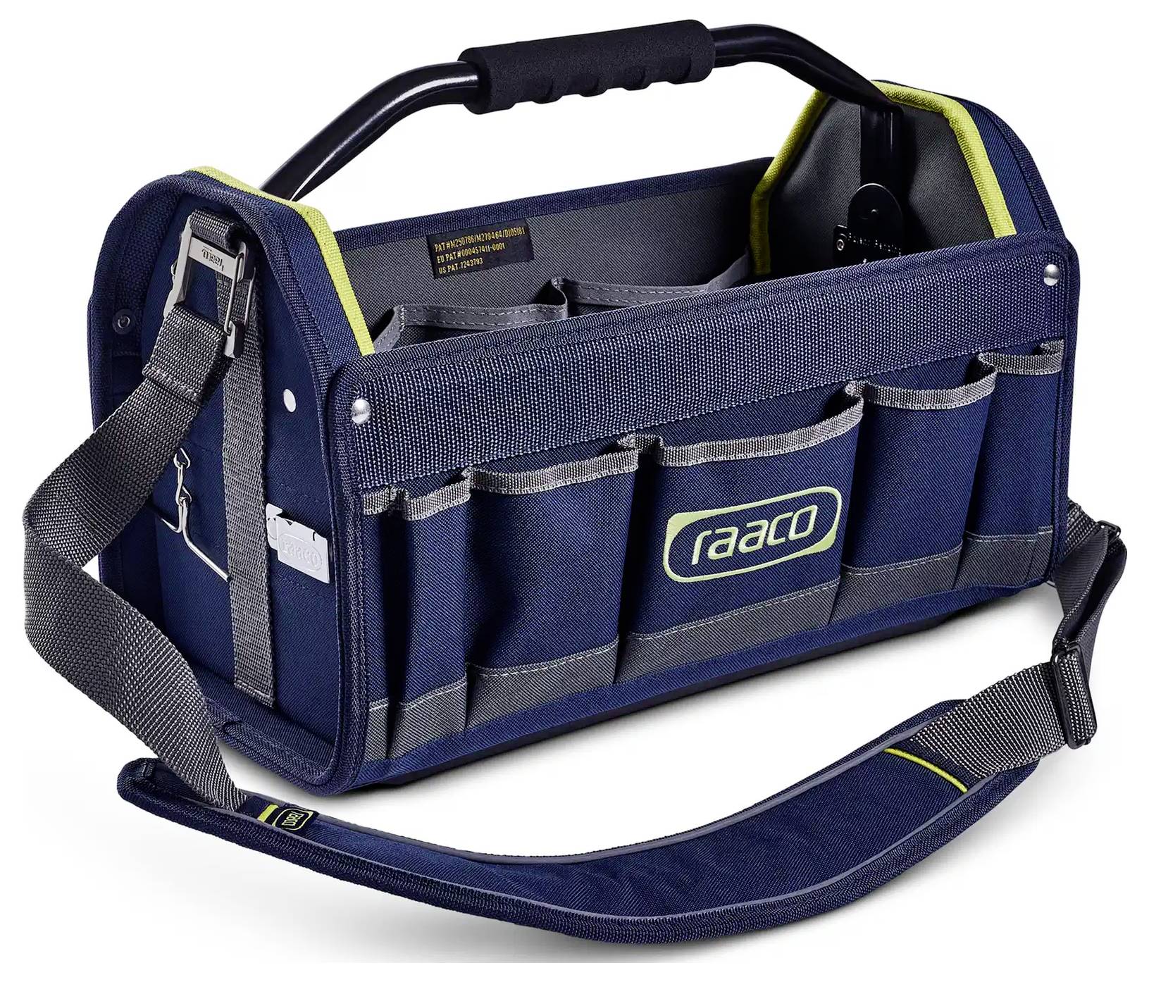 A blue tool bag with a handle, multiple pockets, and a shoulder strap, branded with 'raaco' for organizing and carrying tools.