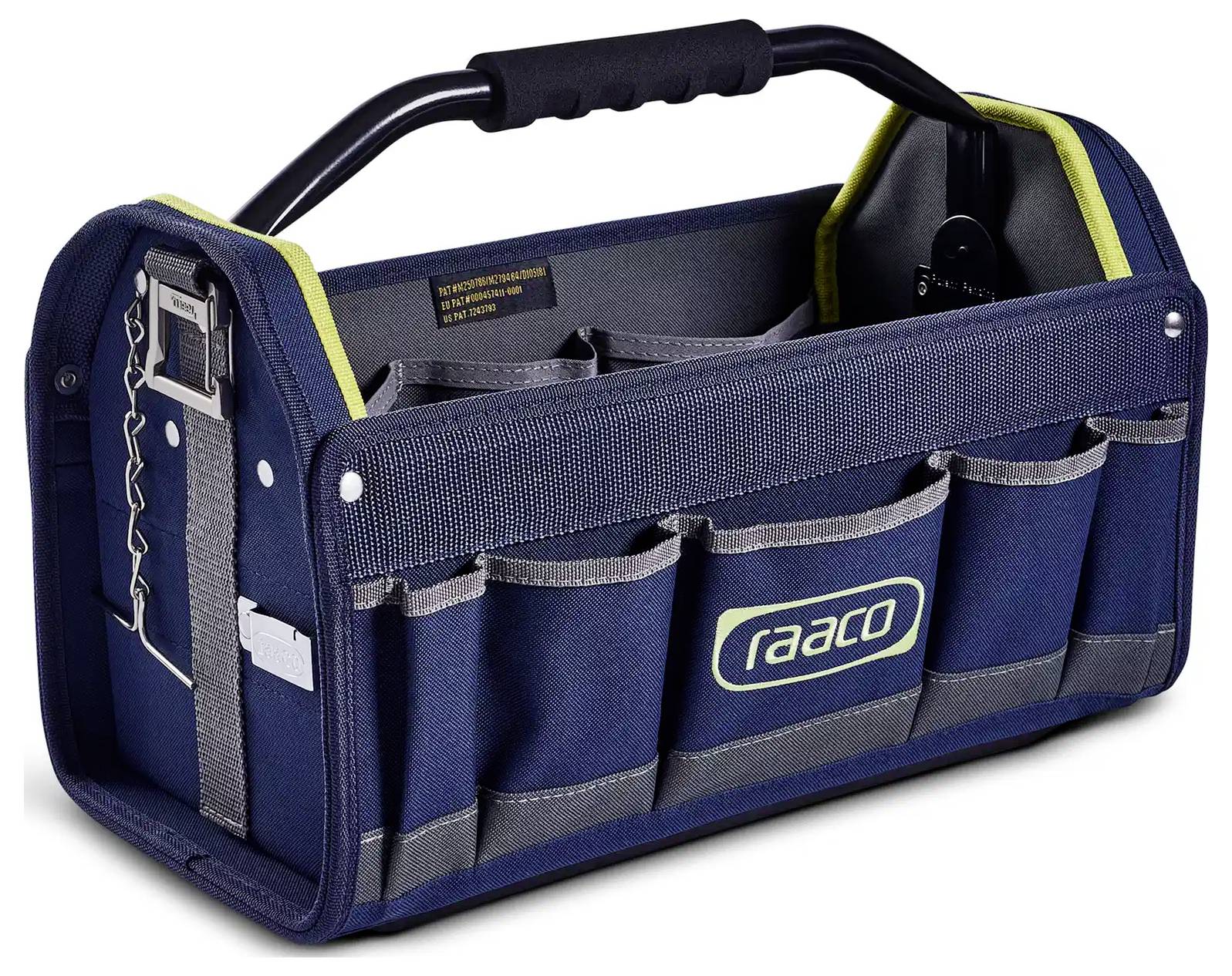 A blue and black tool bag with multiple pockets and a sturdy black handle, featuring the brand name 'raaco' on the side.