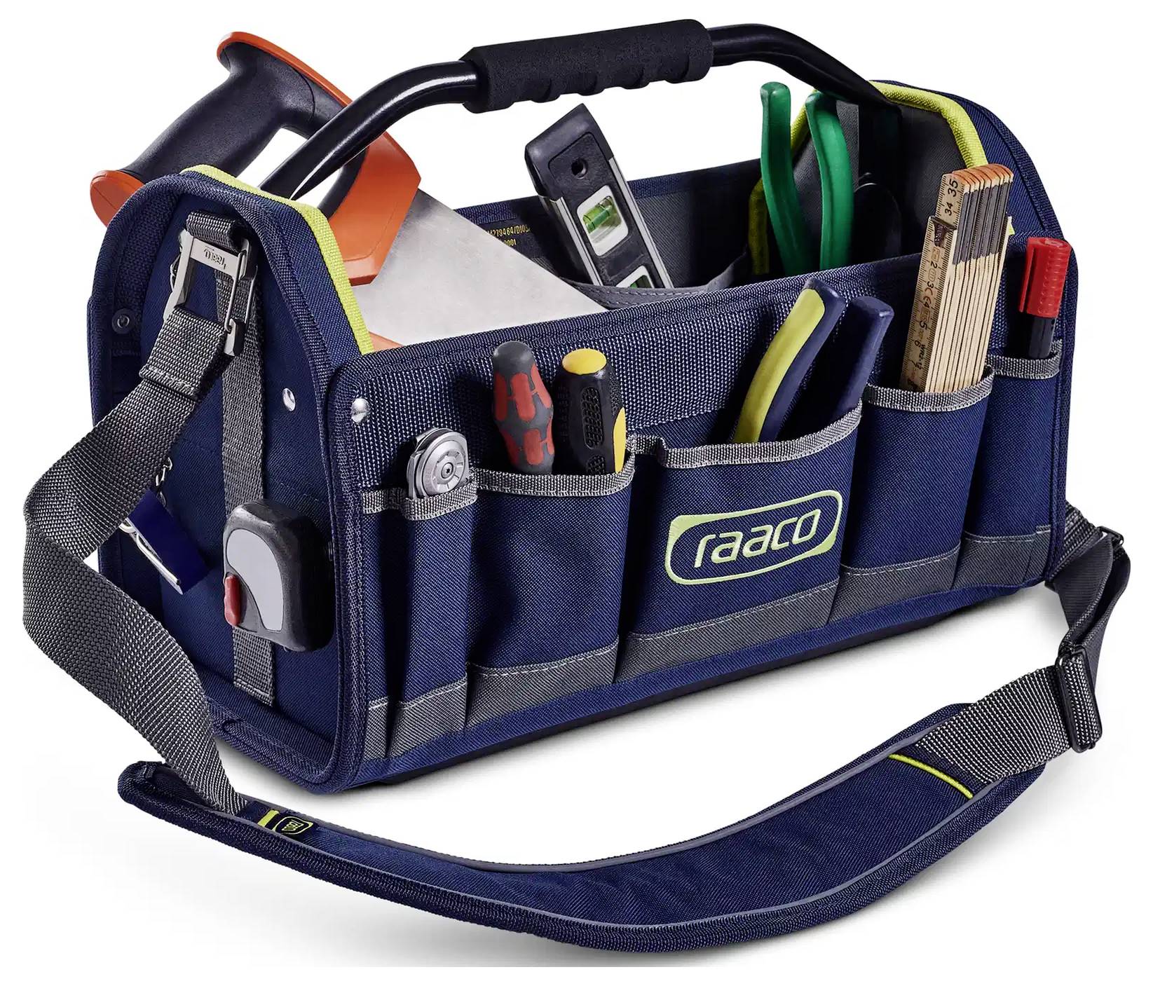 A blue tool bag with various tools like screwdrivers, pliers, and a tape measure. The bag has a black handle and adjustable shoulder strap.