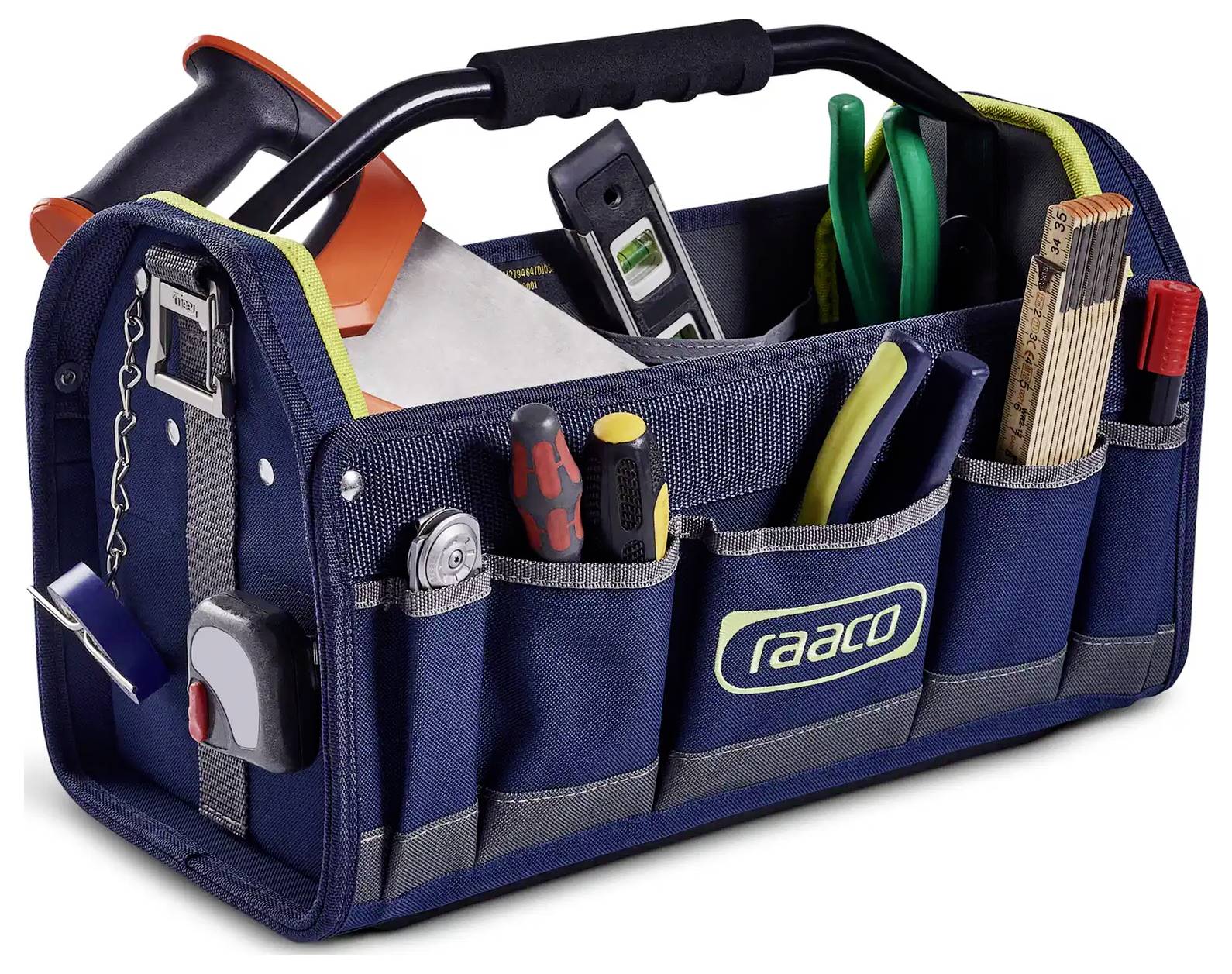 'Blue tool bag with assorted tools, including screwdrivers, pliers, measuring tape, and a level, branded with 'raaco'.'