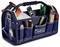 'Blue tool bag with assorted tools, including screwdrivers, pliers, measuring tape, and a level, branded with 'raaco'.'