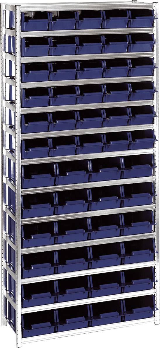 Blue shelving unit with multiple rows and compartments for storing items, suitable for storage areas or workshops.