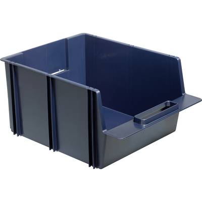 Blue storage box with an open front section and integrated handle. Perfect for organising and storing items.