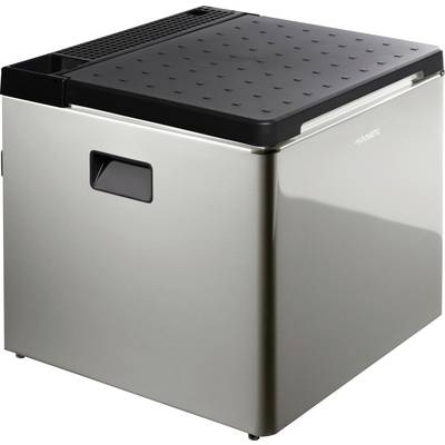 A silver electric cool box with a black lid, suitable for camping or outdoor activities.